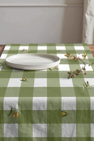 Chemin de table en coton biologique - Blanc et vert olive - 50 x 150 cm