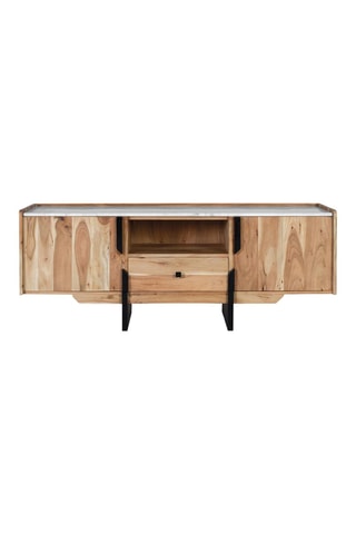 Meuble TV 2 portes en acacia massif et marbre - 145 x 54 x 40 cm