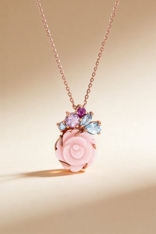 Pendentif Aksaray - Or rose, nacre, améthyste, rhodolite et topazes
