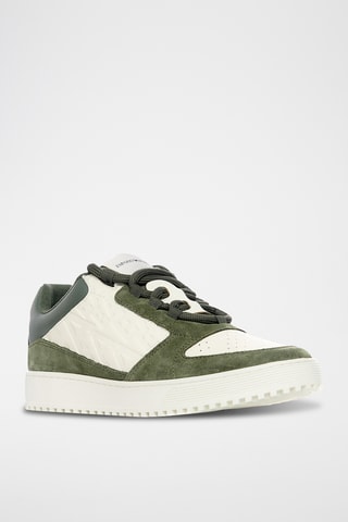 Baskets en croûte de cuir - Ecru et vert olive - Emporio Armani