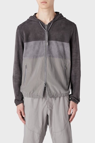 Veste en cuir de chèvre nubuck à capuche - Gris - Emporio Armani