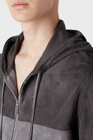 Veste en cuir de chèvre nubuck à capuche - Gris - Emporio Armani