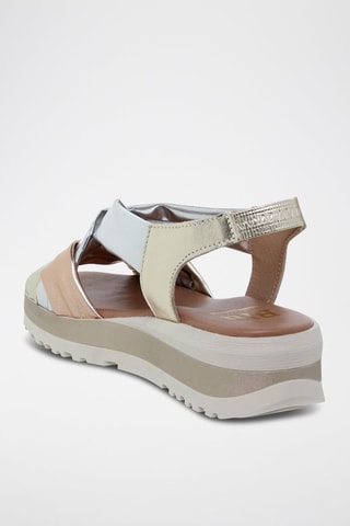 Sandales compensées en cuir - Argenté, doré et rose