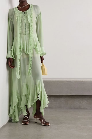Vestido com folhos em seda - Verde-pálido - Verde