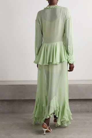 Vestido com folhos em seda - Verde-pálido - Verde