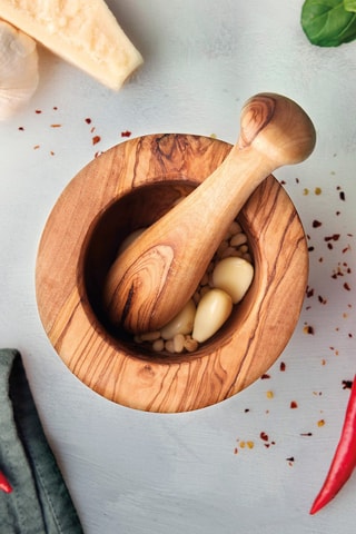 Mortero y maja de madera de olivo 