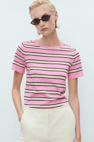 Pull à manches courtes à rayures combinées - Rose