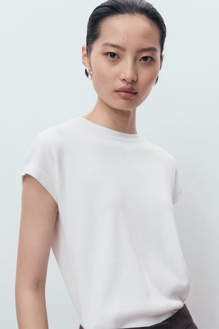 Pull en maille de coton manches courtes - Blanc