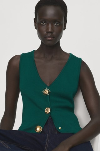 Gilet maille boutons bijoux - Vert foncé