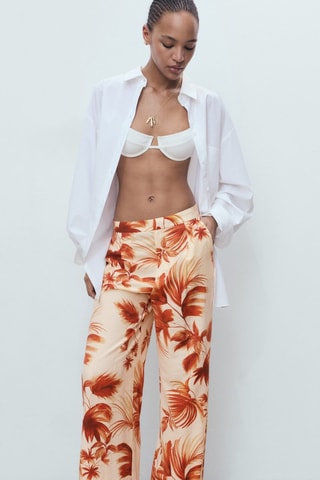 Pantalon droit imprimé palmier - Blanc cassé