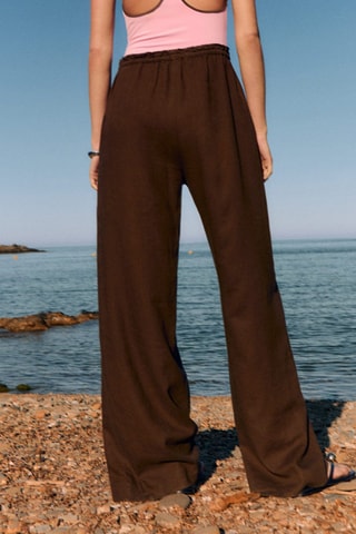 Pantalon lin taille élastique - Marron