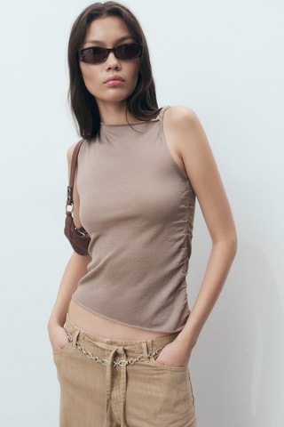 Top maille bretelles asymétriques - Beige