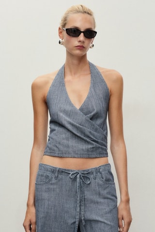 Haut en denim croisé à rayures - Bleu
