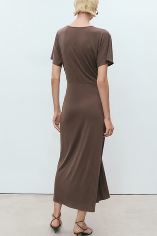 Robe col V froncé - Marron