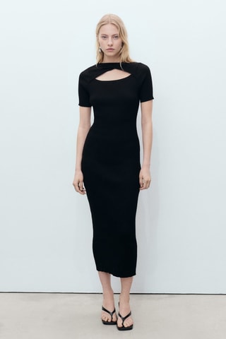 Robe midi côtelée avec ouverture au décolleté - Noir