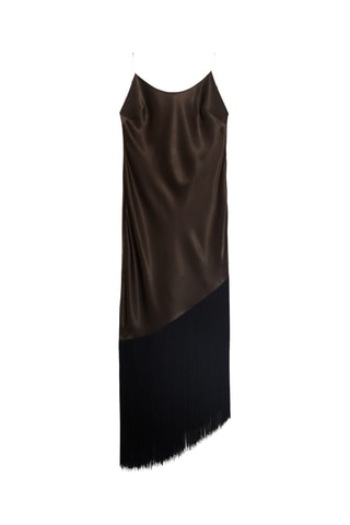 Robe satinée asymétrique à franges - Marron