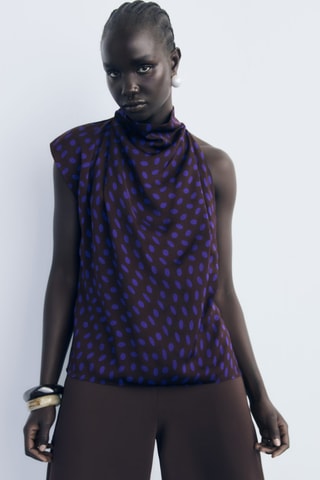 Blouse à pois col bénitier - Marron