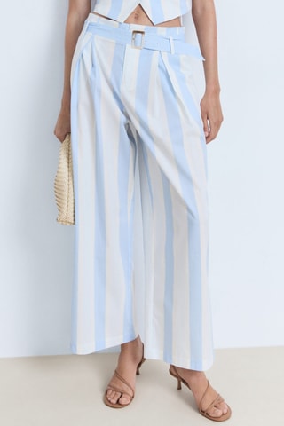Pantalon style jupe-culotte à rayures avec ceinture - Bleu Clair