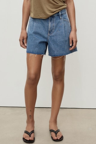 Short en jean bas effiloché pinces - Bleu