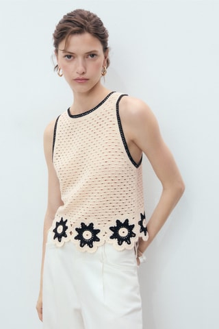 Top en crochet finitions à fleurs - Écru