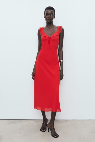 Robe midi avec encolure à volants - Rouge