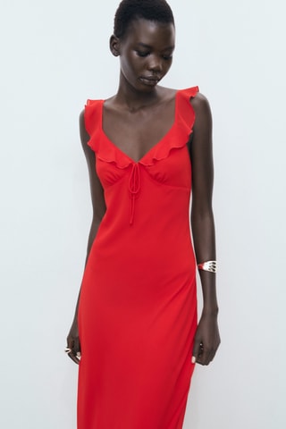 Robe midi avec encolure à volants - Rouge
