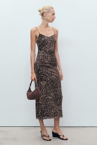 Robe midi froncée léopard - Marron