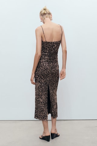 Robe midi froncée léopard - Marron