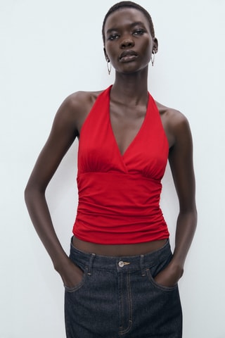 Top col en V dos nu - Rouge