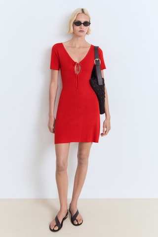 Robe en maille décolleté nœud - Rouge