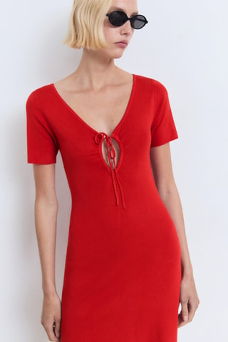 Robe en maille décolleté nœud - Rouge