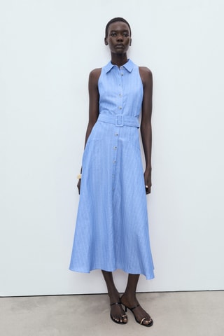 Robe chemise lin mélangé à rayures - Bleu