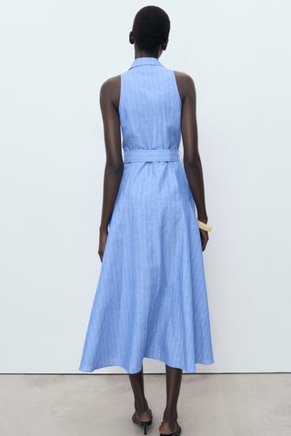 Robe chemise lin mélangé à rayures - Bleu