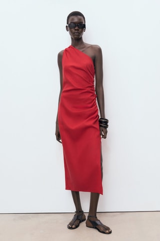Robe lyocell décolleté asymétrique - Rouge