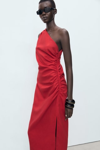 Robe lyocell décolleté asymétrique - Rouge