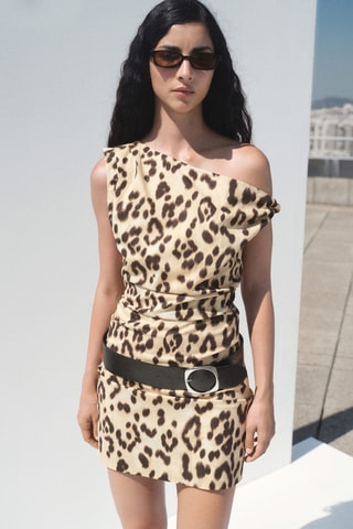 Robe col asymétrique léopard - Beige