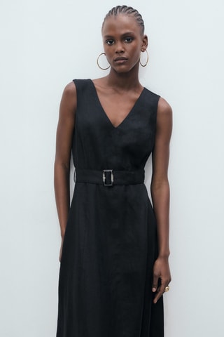 Robe évasée lin ceinture - Noir