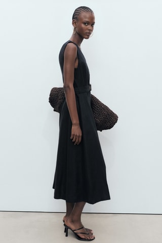 Robe évasée lin ceinture - Noir