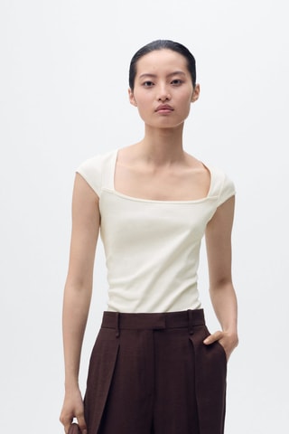T-shirt en coton décolleté plongeant - Blanc Cassé
