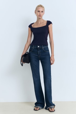 T-shirt en coton décolleté plongeant - Bleu Marine