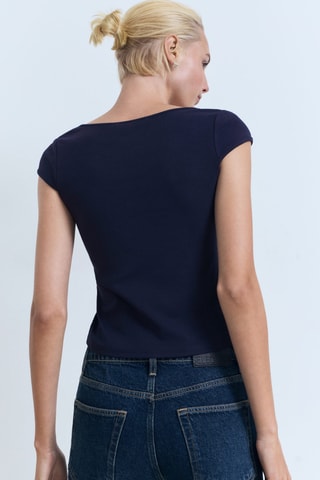 T-shirt en coton décolleté plongeant - Bleu Marine