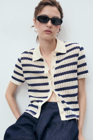 Cardigan rayures manches courtes - Bleu Marine