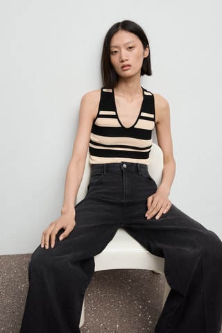 Top en maille à rayures col en V - Noir