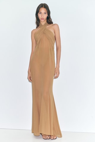 Robe longue semi-transparente col croisé - Nude