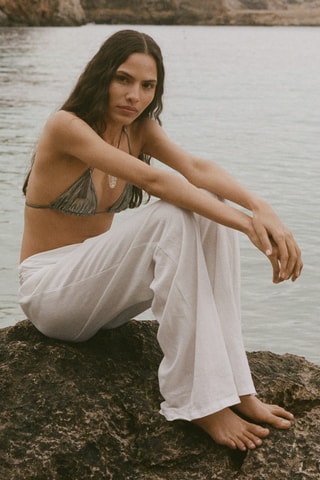 Pantalon lin taille drapée - Blanc