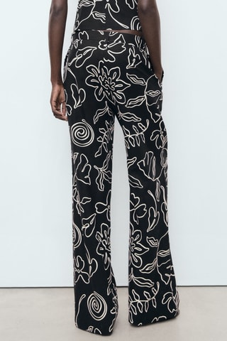 Pantalon lin mélangé imprimé à fleurs - Noir