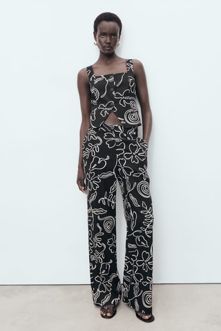 Pantalon lin mélangé imprimé à fleurs - Noir