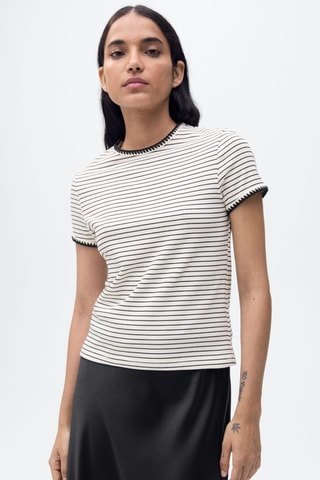 T-shirt coton liserés contrastants - Blanc Cassé