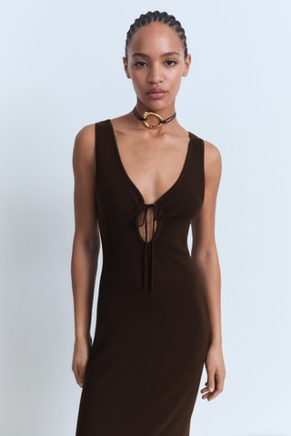 Robe en maille décolleté nœud - Chocolat