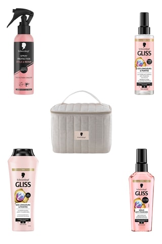 Routine anti fourche - Shampoing Gliss - SOS Longueurs Pointes - 250 ml, Lait démêlant Express SOS Longueurs et pointes Gliss Schwarzkopf - 200 ml, Spray Protection 230 °C Style & Repair Schwarzkopf - 150 ml, Sérum anti-fourches Gliss Schwarzkopf - 